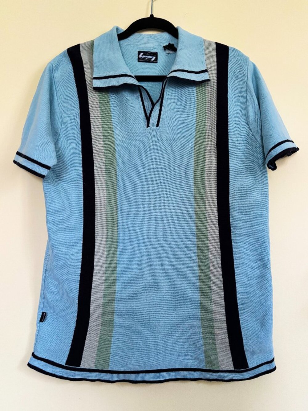 Level7 Men's Knit Polo Shirt Size Medium Blue and Tan Stripe